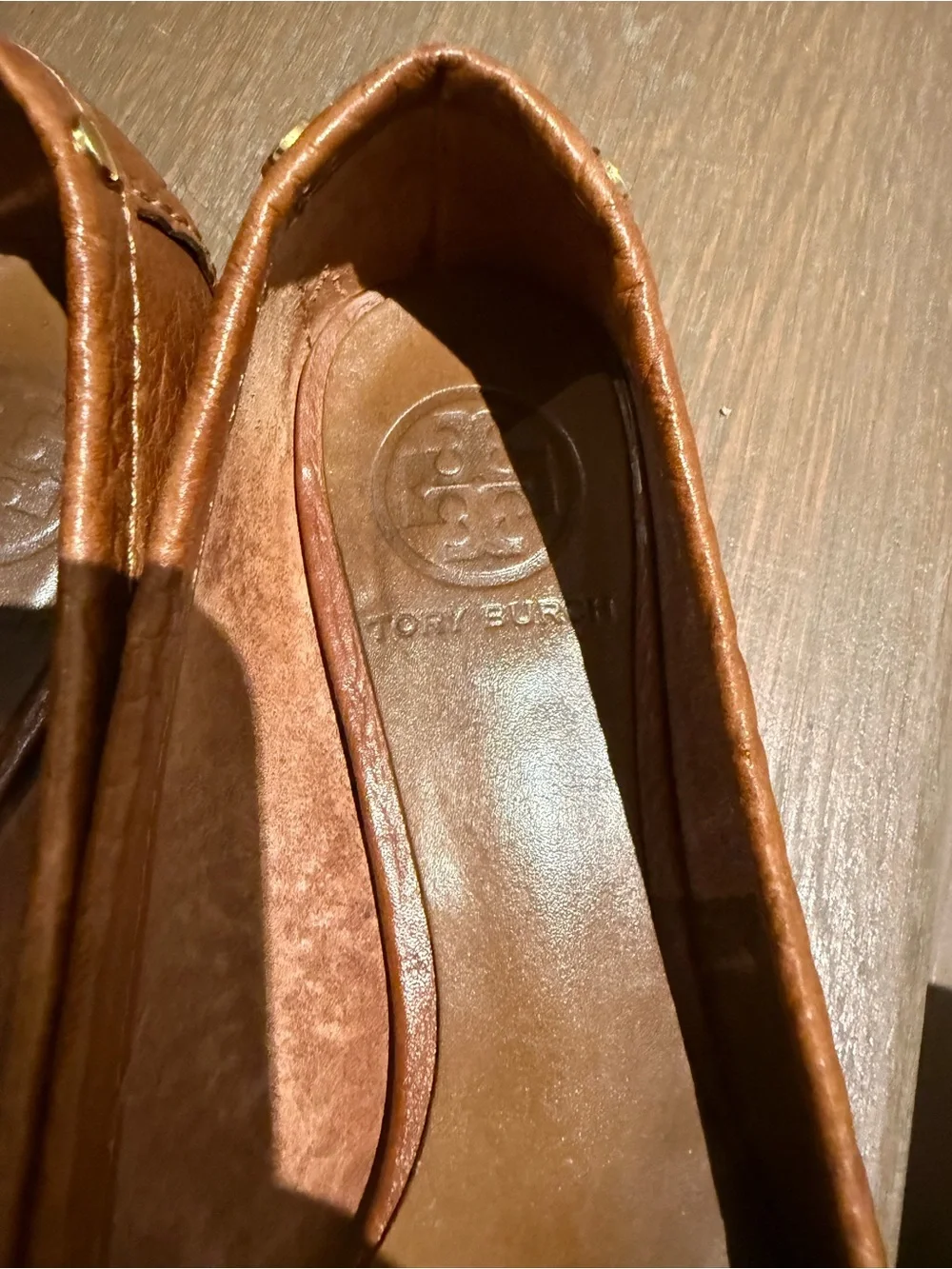 Tory Burch Cognac Leather Logo Penny Loafers